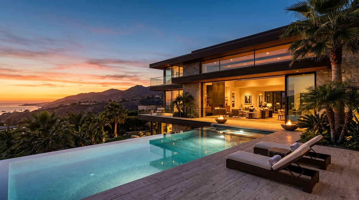 Open villa with illuminated swimming pool at sunset